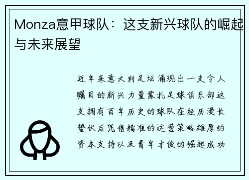 Monza意甲球队：这支新兴球队的崛起与未来展望